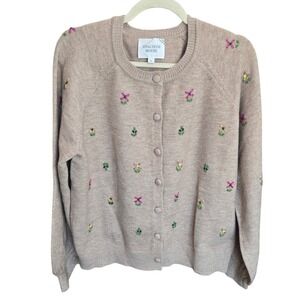 Tuckernuck Hyacinth House Tan Cardigan Sweater Elsie Embellished Bead Floral XL